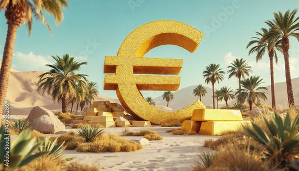 Obraz Giant golden euro symbol rests amidst desert landscape, surrounded by gold bars, evoking wealth and prosperity.