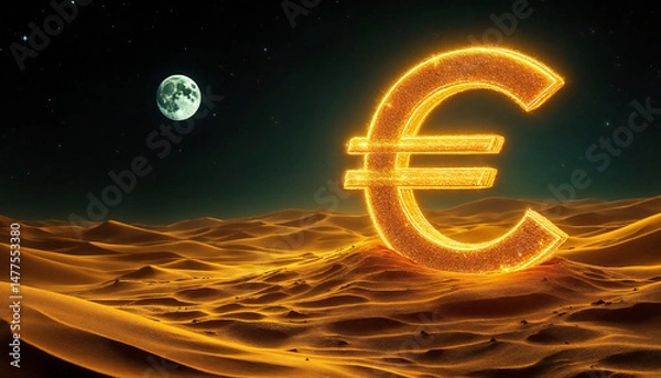 Obraz A glowing euro sign against a surreal desert landscape at night, capturing the concept of global finance, economic, and business. 