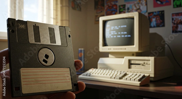 Fototapeta A retro computer setup featuring a floppy disk handled in the foreground, evoking nostalgia for vintage technology and computing from a past era.