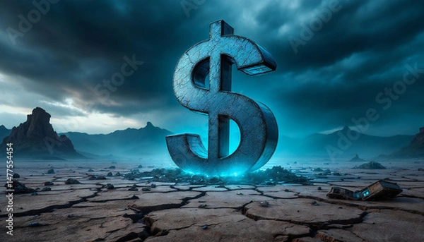 Obraz A solitary dollar sign, emanating an ethereal glow, stands defiant amidst a desolate, cracked landscape under a stormy sky. Symbolic of resilience and enduring value.