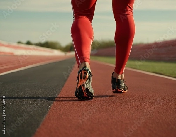 Obraz Athletic man in red leggings running on a deserted track during the golden hour.