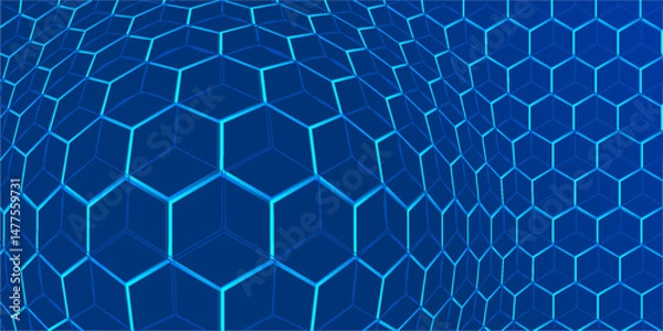 Fototapeta Selective focus photo. Close up picture of geometrical neon blue hexagon background