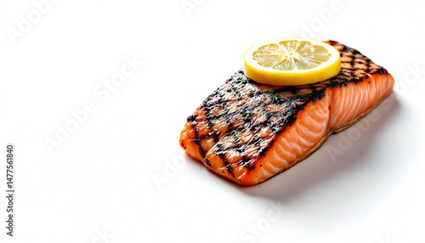 Obraz A close-up shot of perfectly grilled salmon fillet, delicately garnished with a slice of lemon, showcasing the art of fine cuisine. This image highlights the beauty of fresh seafood.