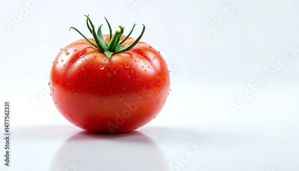 Obraz A close-up shot of a vibrant red tomato, with water droplets on its surface, perfectly ripe and bursting with freshness. Evoking culinary delights and healthy eating.