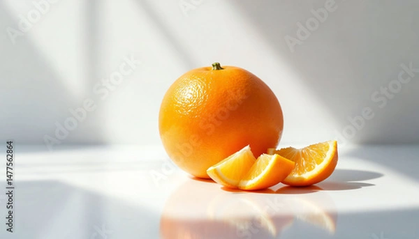 Obraz Vibrant and inviting image of an orange, perfectly captured with crisp detail and a play of light and shadow. Accompanied by freshly sliced wedges, the composition evokes the essence of health.