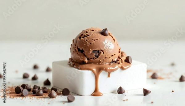 Obraz A single scoop of decadent chocolate ice cream, crowned with chocolate chips, sits enticingly on a small block. The ice cream's rich texture is evident as it slowly melts, offering a tempting treat.