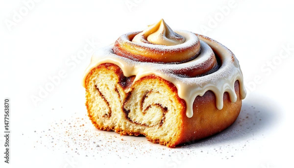Obraz A mouthwatering cinnamon roll, inviting with its warm, cinnamony scent and a delightful layer of sweet frosting. Capturing the essence of comfort food and bakery delights.