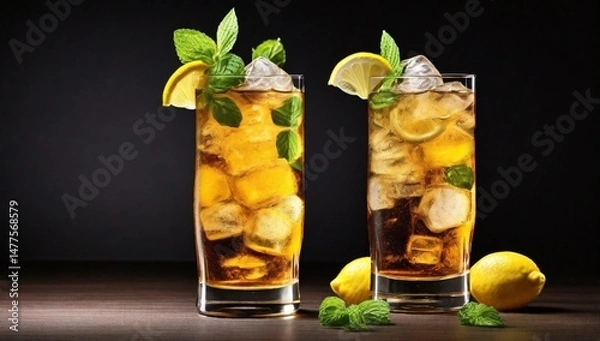 Fototapeta Long Island ice tea cocktail with vodka, rum, tequila, gin, liquor, lemon juice, cola and ice, garnished with lemon slice and mint in highball glass. 
