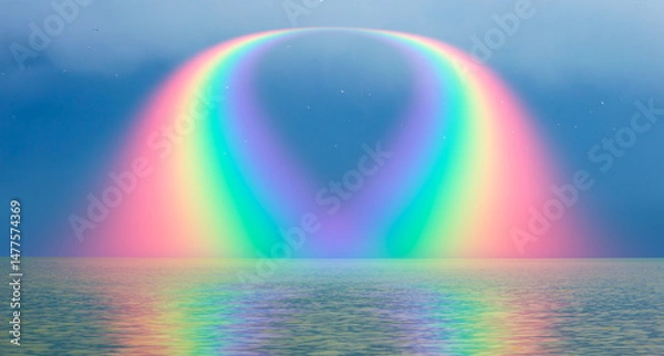 Obraz Calm sea before storm with abstract amazing rounded rainbow at sunset   
