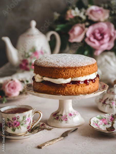 Fototapeta Classic Victoria sponge cake with jam and cream filling served in a vintage floral tea party setting with elegant styling and soft natural light
