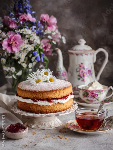 Fototapeta Classic Victoria sponge cake with jam and cream filling served in a vintage floral tea party setting with elegant styling and soft natural light
