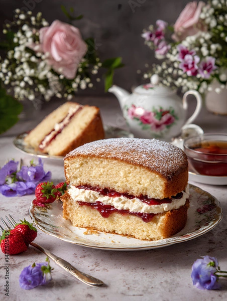Fototapeta Classic Victoria sponge cake with jam and cream filling served in a vintage floral tea party setting with elegant styling and soft natural light
