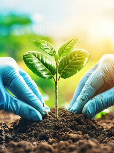 Fototapeta Detailed close-up of hands in blue gloves gently tending to a small, vibrant green seedling in rich soil, symbolizing care, new beginnings, and environmental nurturing