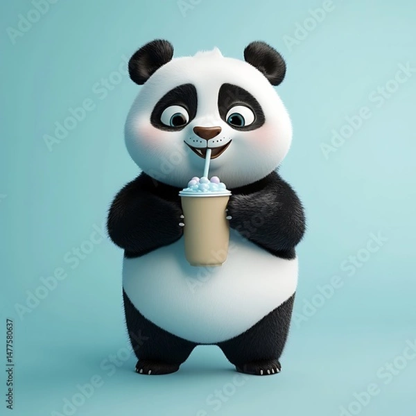 Fototapeta Playful Panda Sipping Delight: Adorable panda indulges in a refreshing beverage, bringing a sense of joy. Capturing the moment of cuteness and carefree enjoyment