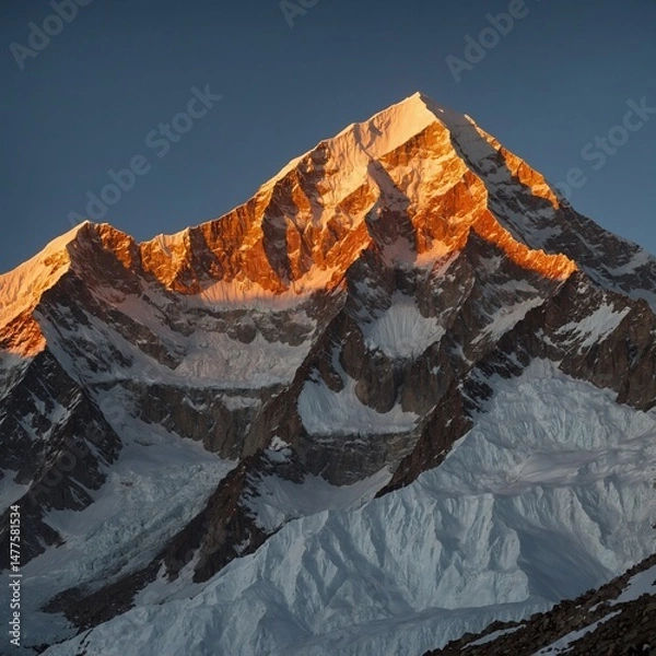 Fototapeta "Illustrate Shishapangma as seen from a remote Tibetan village at dusk, with the mountain glowing in the distance like a silent guardian under the soft light of the setting sun, while villagers light 