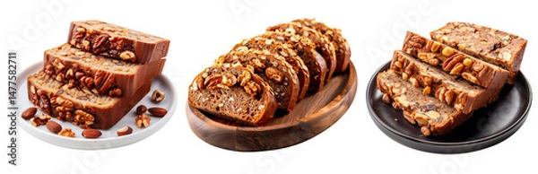 Obraz A set of Nut bread with walnuts, almonds and hazelnuts, isolated on a transparent background. Sliced loaf with whole nuts, close-up of bread for baking, cooking and design useю