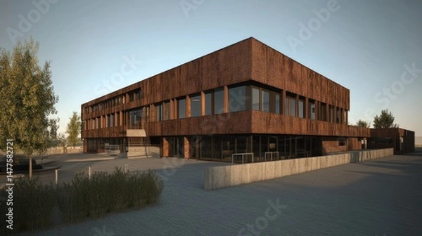 Fototapeta Modern brown building exterior with concrete pathway, trees, and shrubs.