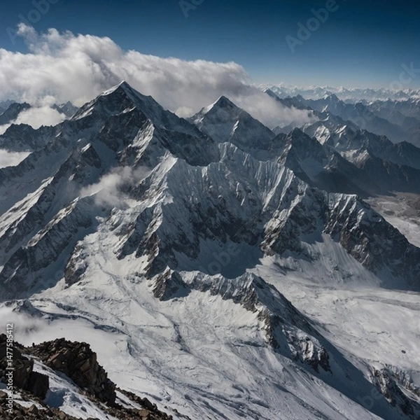 Fototapeta "Show a bird’s-eye view of Shishapangma surrounded by deep valleys, jagged ridgelines, and swirling clouds as a snowstorm approaches from the west, adding drama to the high-altitude environment."