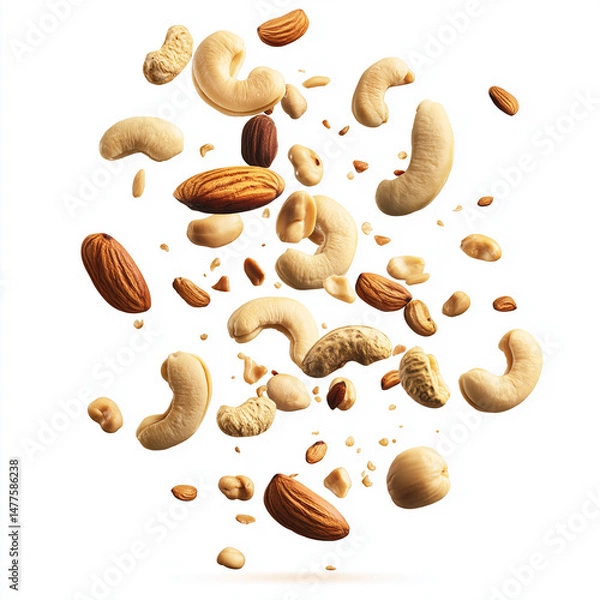 Obraz Peanuts and almonds falling on white background
