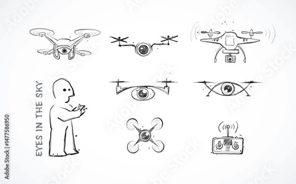 Fototapeta Doodle-style vector of drones with cameras, a remote control, and a drone operator on white background