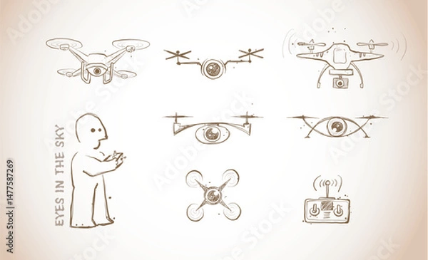Fototapeta Doodle-style vector of drones with cameras, a remote control, and a drone operatoin beige colors