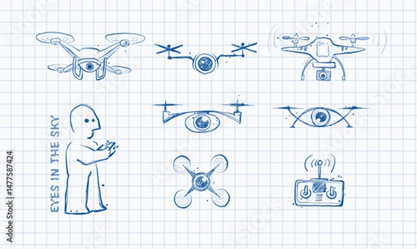 Fototapeta Doodle-style vector of drones with cameras, a remote control, and a drone operatoin on graph paper background