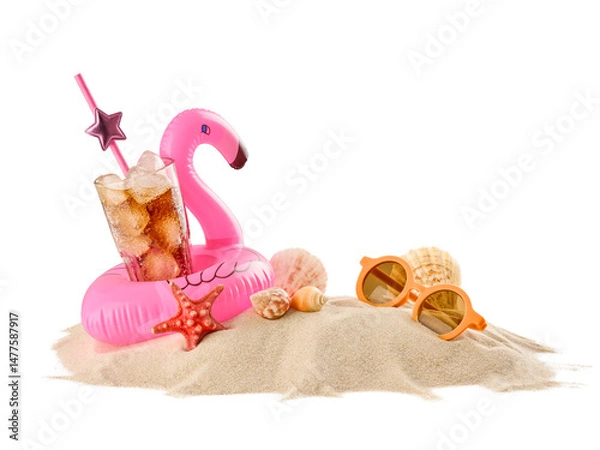 Obraz Wooden signboard with sunglasses, starfish, shells, pink flamingo inflatable ring and glass of cold tonic with ice on sandy island isolated on white background with clipping path. Design element.