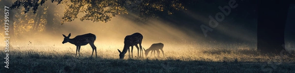 Fototapeta Deer graze in a misty meadow at dawn, with sunlight filtering through trees. Concept of serene nature morning. For wildlife photography.