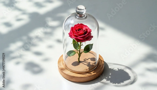 Obraz A radiant red rose, delicately preserved under a glass cloche, casts intricate shadows. The sunlight plays upon the flower's velvety petals, creating a captivating display of elegance.
