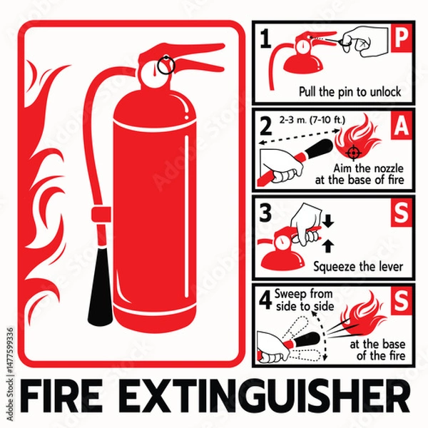 Fototapeta A safety instruction poster detailing how to use a fire extinguisher using the PASS method: Pull, Aim, Squeeze, and Sweep.
