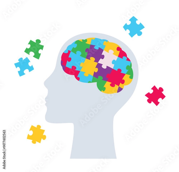 Fototapeta Human head silhouette with a colorful puzzled brain inside and scattered puzzle pieces around. Human psychological complexity concept. Vector illustration on a white background