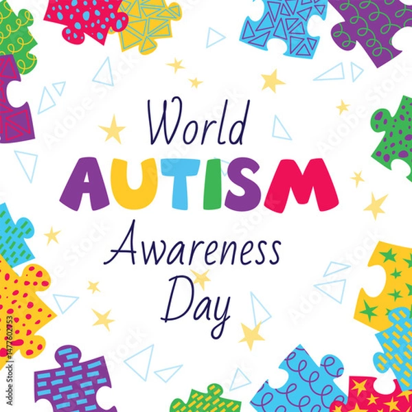 Fototapeta World Autism Awareness Day square banner with colorful jigsaw puzzle pieces. Vector illustration event web banner design