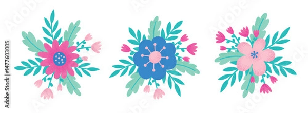 Fototapeta Bright decorative flowers arrangements set. Spring flower bouquets collection. Vector illustrations isolated on white background