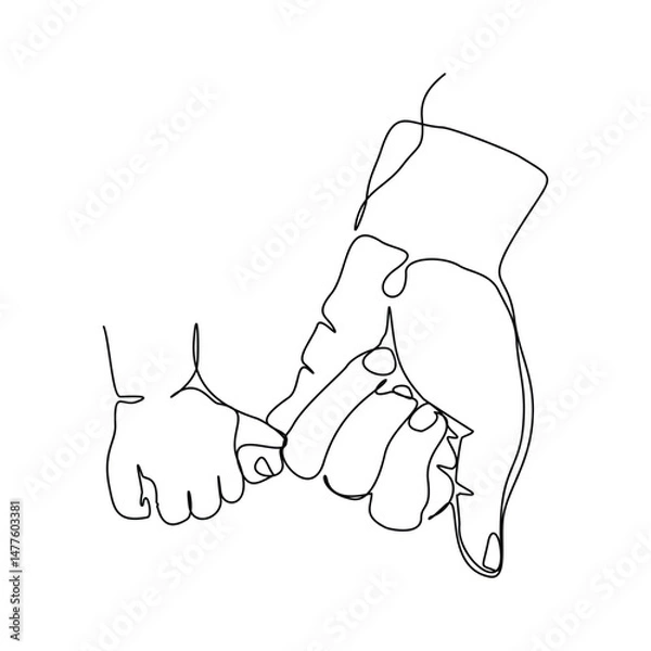 Obraz Continuous line drawing of parent giving hand to his child. Single one line art of father and mother care. Parental concept sketch vector illustration editable stroke