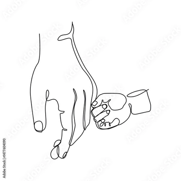Obraz Continuous line drawing of parent giving hand to his child. Single one line art of father and mother care. Parental concept sketch vector illustration editable stroke