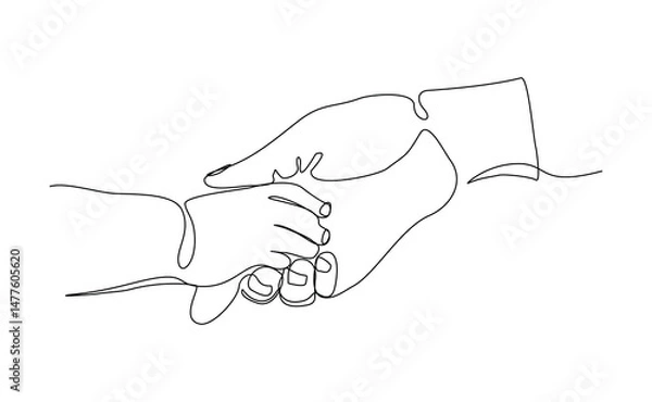 Obraz Continuous line drawing of parent giving hand to his child. Single one line art of father and mother care. Parental concept sketch vector illustration editable stroke