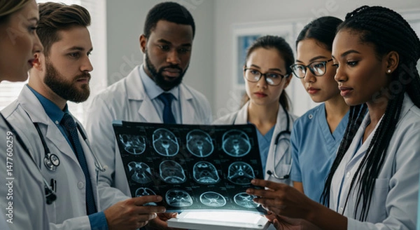 Fototapeta Diverse medical professionals collaborating on the analysis of complex brain scans
