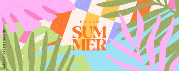 Obraz Creative concept of summer bright card with abstract tropical leaves. Modern art minimalist style design templates for celebration, ads, branding, banner, cover, label, poster, sales