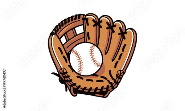 Fototapeta Modern vector illustration of a brown leather baseball glove catching a white baseball, easily scalable and editable.