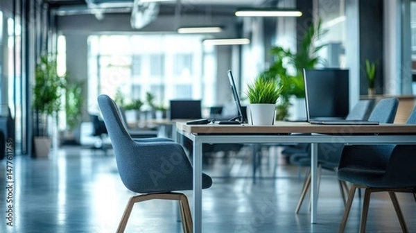 Fototapeta Modern empty office workspace with desks, chairs, and plants.