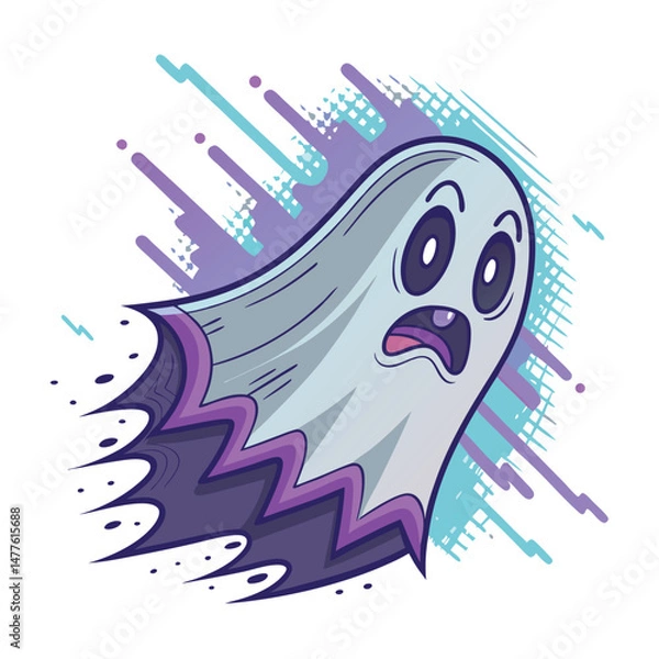 Fototapeta An 8-bit ghost, pixelated and translucent, bursts through a glitching purple portal, escaping its digital prison.
