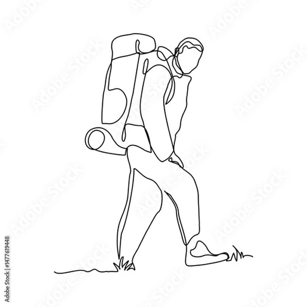 Obraz Continuous one line drawing of traveling man with backpack. Single one line art of man success to hiking on top of mountain. Vector illustration editable stroke