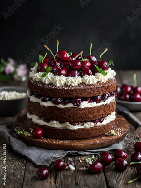 Fototapeta Traditional German Black Forest cake with rich chocolate sponge layers cherries and whipped cream styled in a rustic alpine dessert presentation
