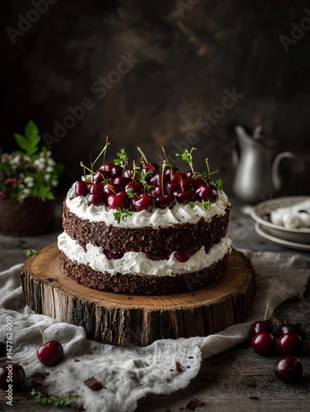 Fototapeta Traditional German Black Forest cake with rich chocolate sponge layers cherries and whipped cream styled in a rustic alpine dessert presentation
