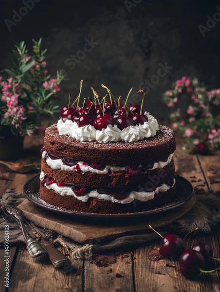 Fototapeta Traditional German Black Forest cake with rich chocolate sponge layers cherries and whipped cream styled in a rustic alpine dessert presentation
