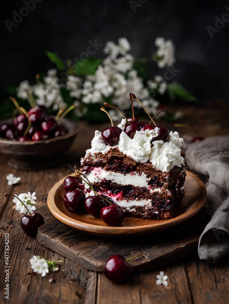 Fototapeta Traditional German Black Forest cake with rich chocolate sponge layers cherries and whipped cream styled in a rustic alpine dessert presentation
