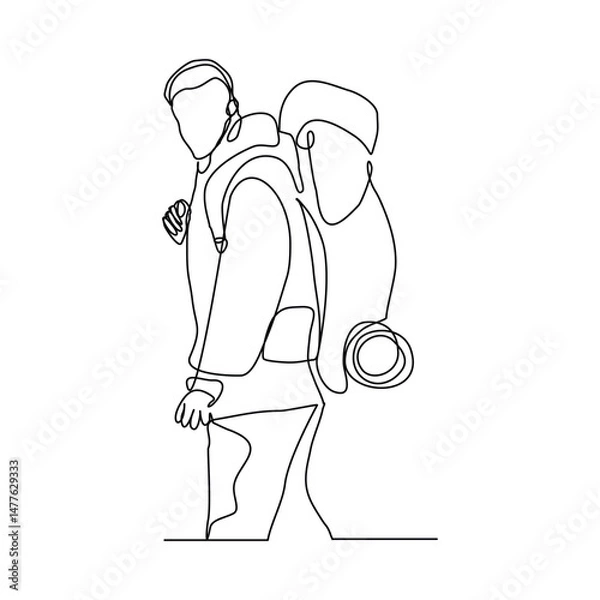 Obraz Continuous one line drawing of traveling man with backpack. Single one line art of man success to hiking on top of mountain. Vector illustration editable stroke