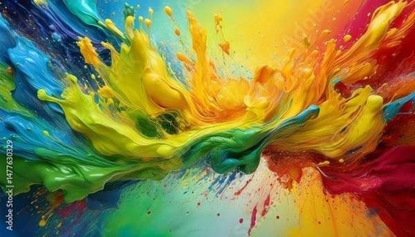 Fototapeta vibrant splashes of paint in yellow red green and blue cascade against a split background of warm and cool colors showcasing artistry and spontaneity in a striking composition