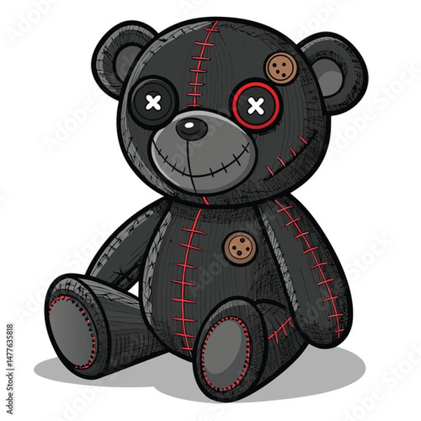 Fototapeta A dilapidated haunted teddy bear, its stitched smile grotesque, one button eye missing, perched menacingly on a dusty, cobweb-draped shelf.