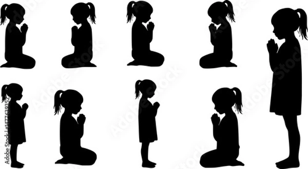 Obraz set of Little girl praying silhouette vector illustration
